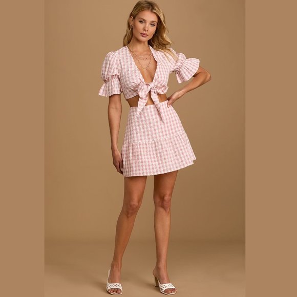 Lulus Patio Cutie Embroidered Pink Gingham Tie Front Top & Mini Skirt Set XS - Picture 10 of 16